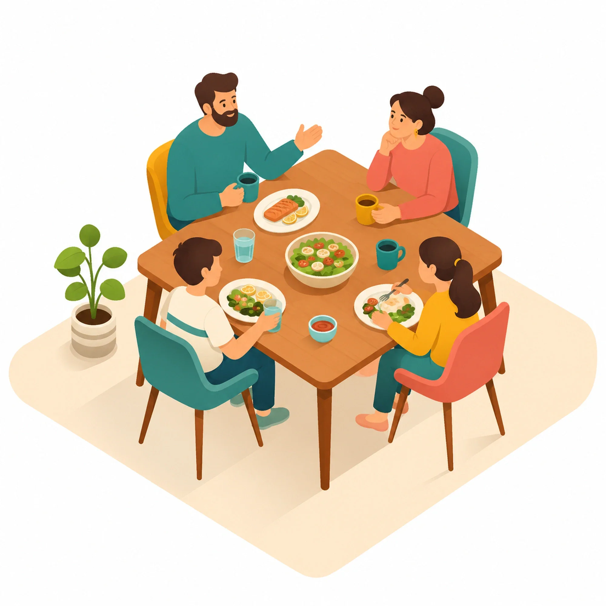 Illustration of a family together around a table